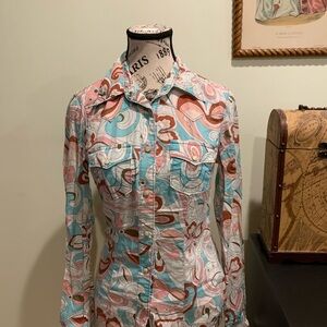 True Religion blue and pink paisley print button-up shirt size XS